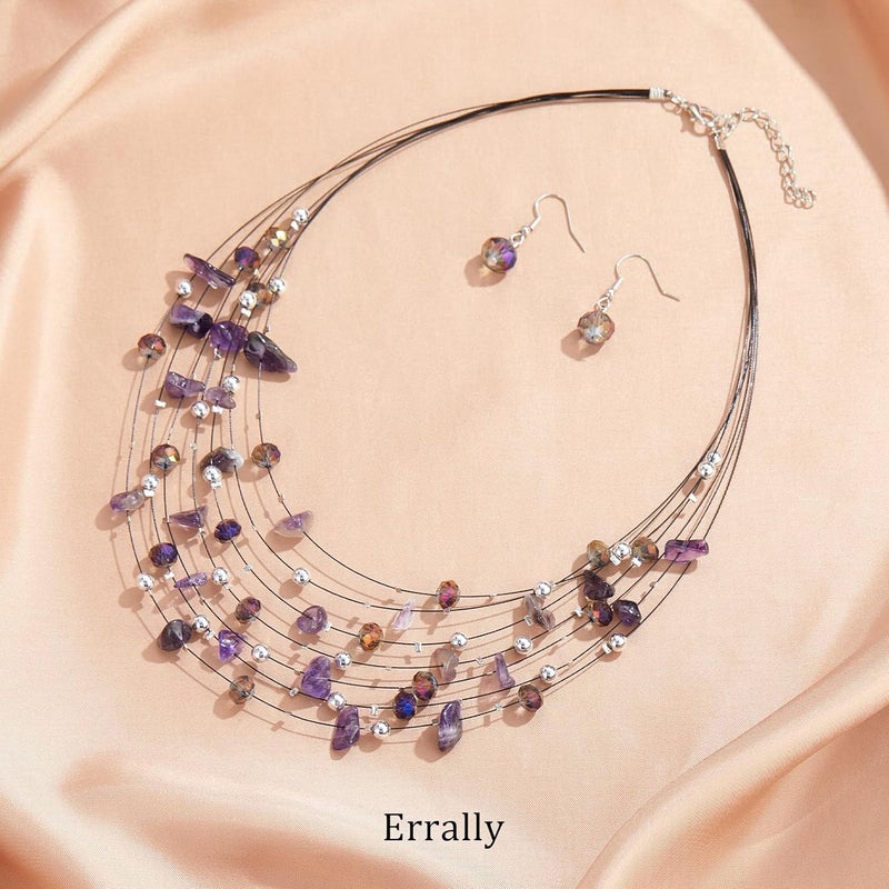 Errally Store Multi-Layer Boho Shell Beaded Necklace for Women Colorful Crystal Strand with Silver Beads Statement Collars Necklace and Earrings Costumes Jewelry Sets for Women - Image 2